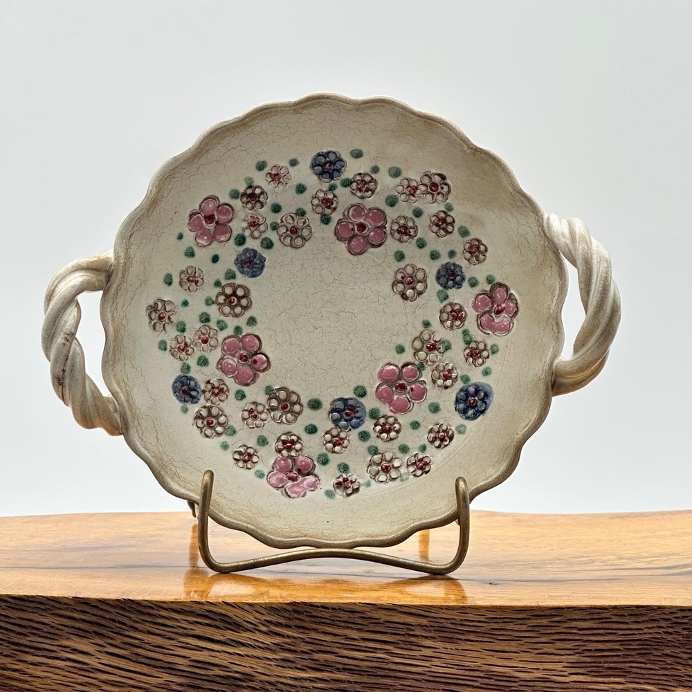 Floral Ceramic Bowl with Twisted Handles Scalloped Rim Crackle Glaze 8" Summer
